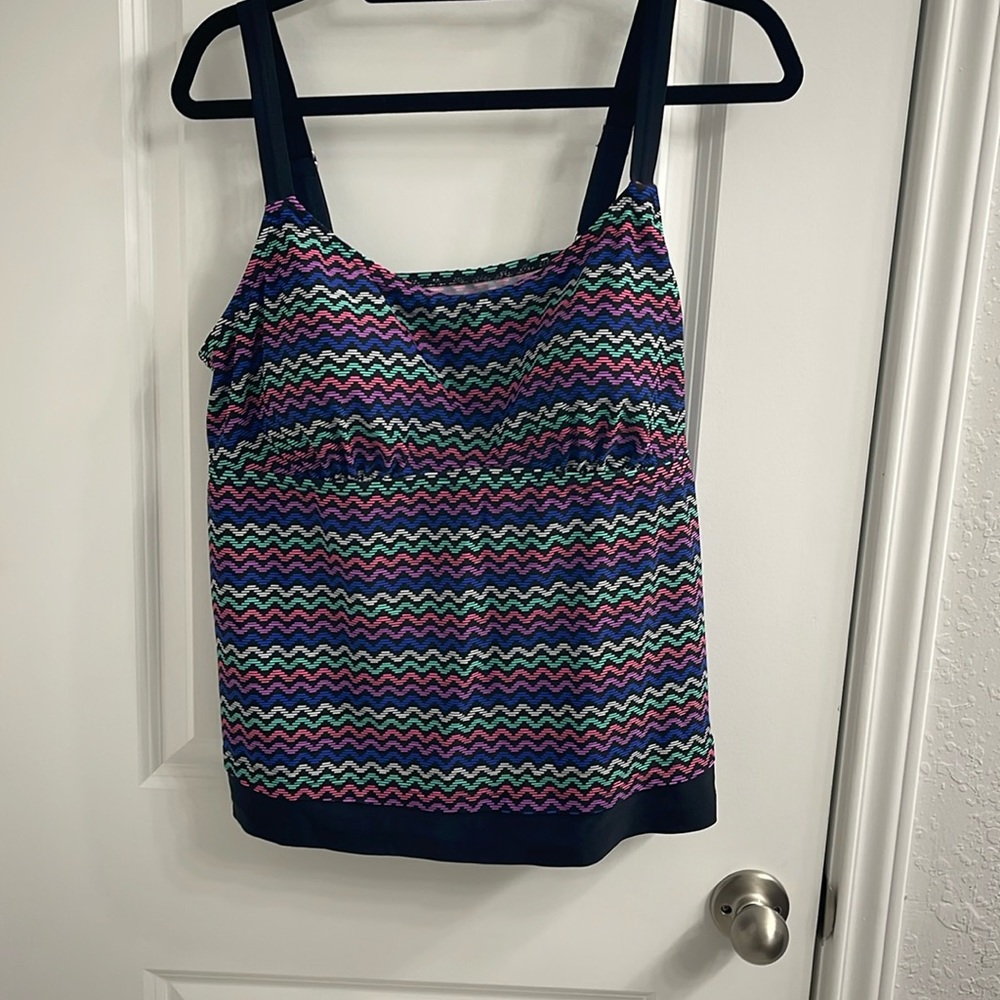 Multicolor Zigzag Tankini Swim Top - Navy Trim